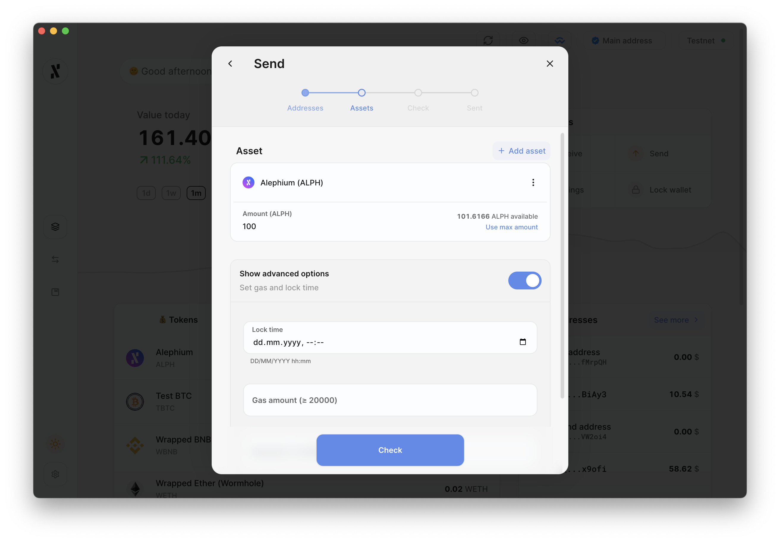 Prompt to enter destination address and amount of transaction