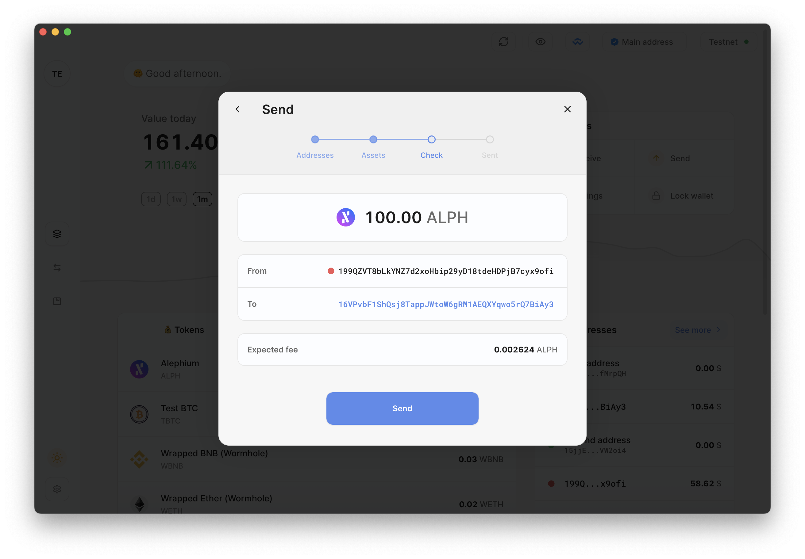 Prompt to enter destination address and amount of transaction