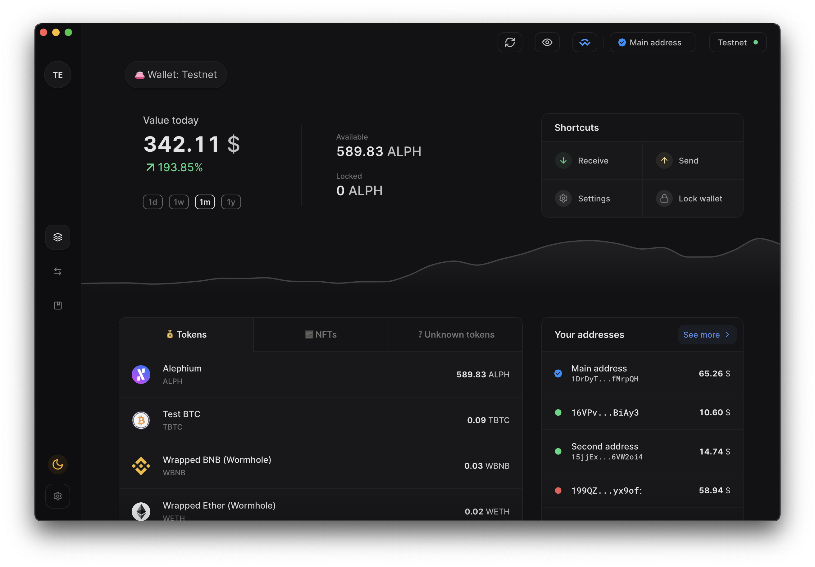 Desktop Wallet in dark mode